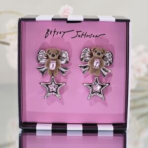 Betsey Johnson Earrings Pink Felted Teddy Bear Star Drop Earrings Coquette Girl